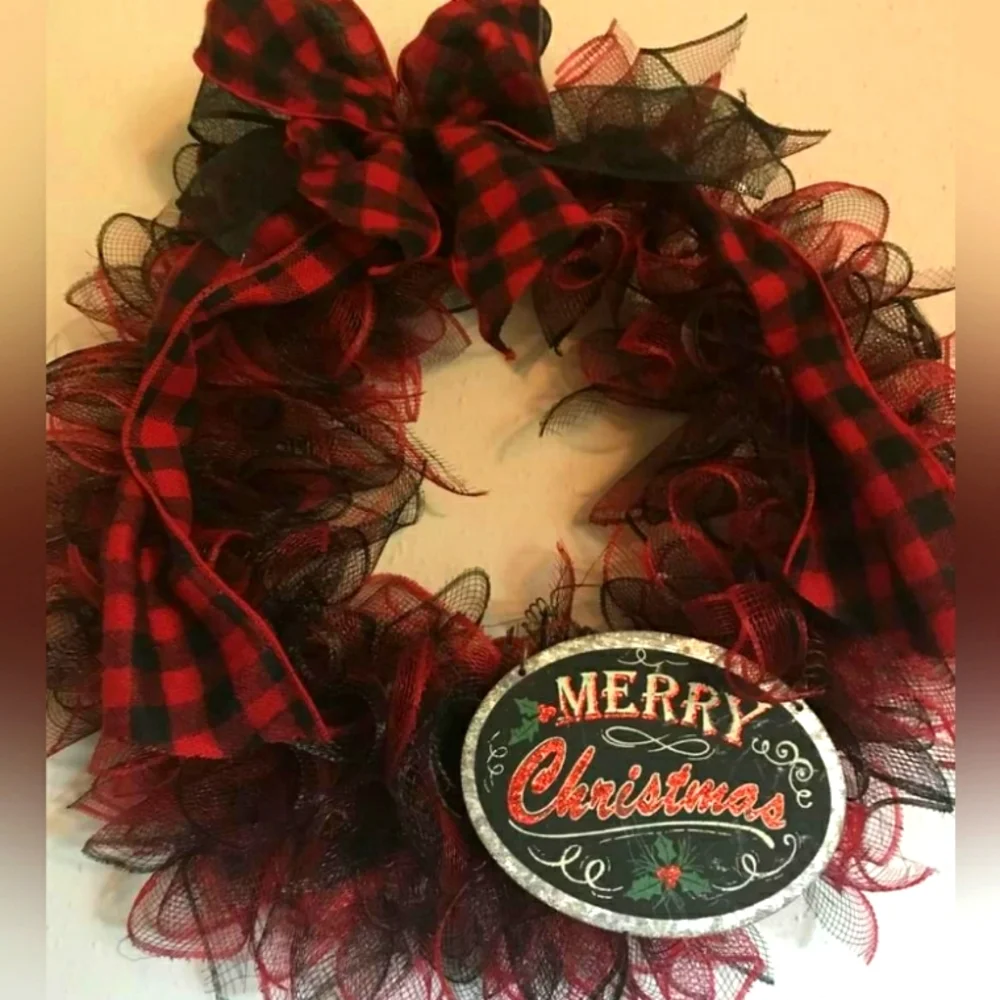 Christmas Holiday Buffalo-check Wreath Handmade Black Red Removable Fina…